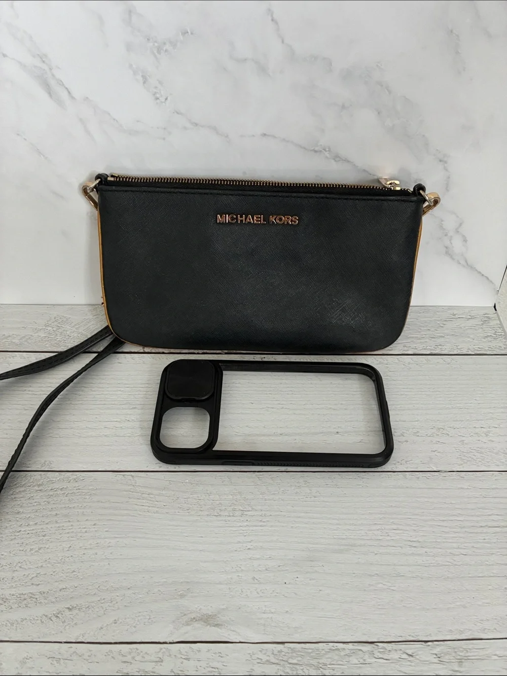 Michael Kors Black Safiano Leather Crossbody Phone Wristlet with Gold Hardware
